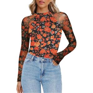 imageZeagoo Long Sleeve Shirts for Women Floral Mesh Sheer Top Mock Neck Double Lined Fitted Going Out BlousesWf75