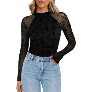 imageZeagoo Long Sleeve Shirts for Women Floral Mesh Sheer Top Mock Neck Double Lined Fitted Going Out BlousesZw781
