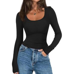 imageZeagoo Womens Long Sleeve Ribbed Slim Fitted Shirts Square Neck Casual Basic Crop TopsBlack