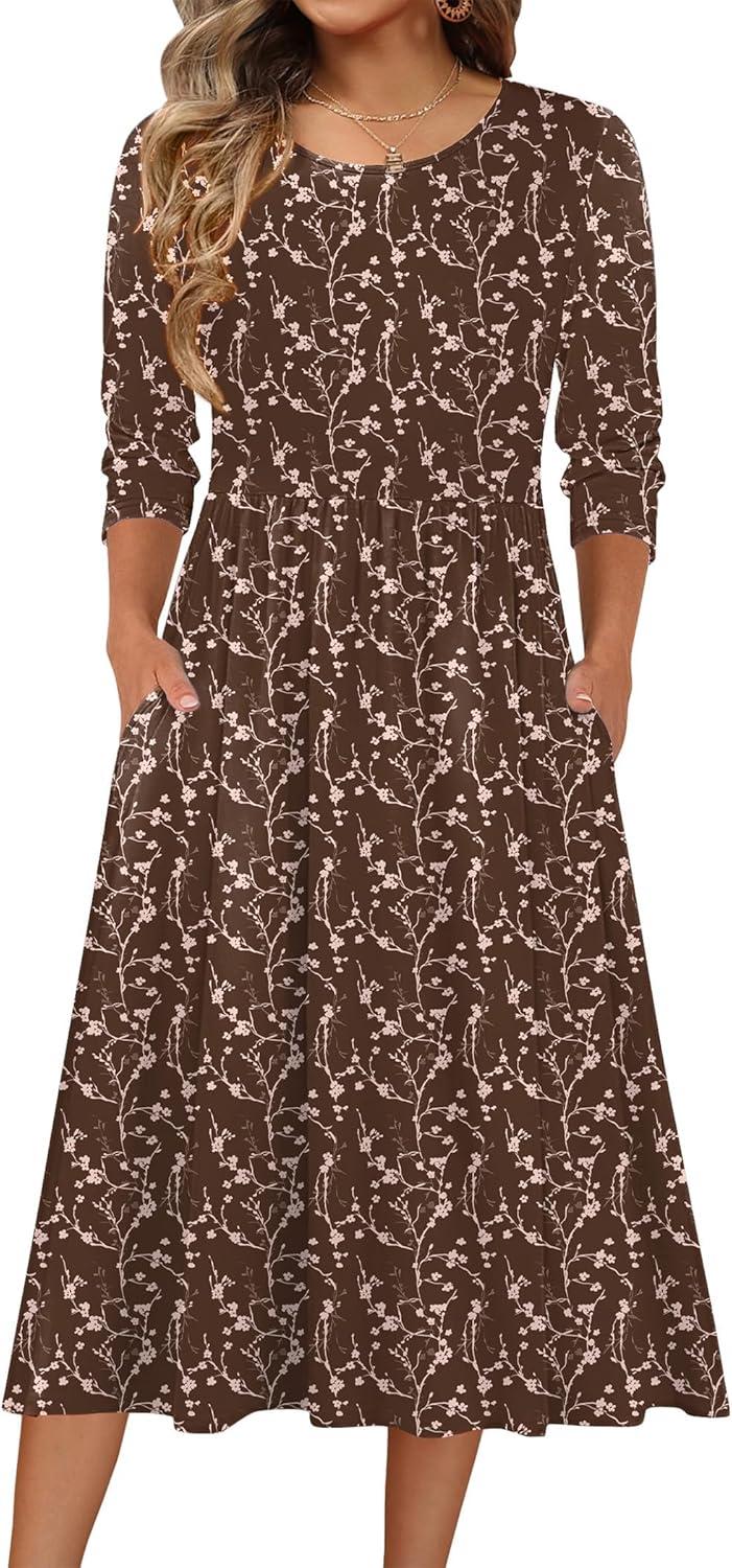 imageZeagoo 34 Sleeve Womens Dress Casual Flowy ALine Midi Tshirt Dresses with Pockets Crewneck Vocation Boho Beach SundressCoffee Print