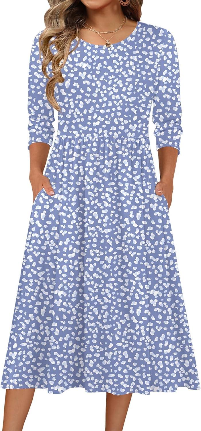 imageZeagoo 34 Sleeve Womens Dress Casual Flowy ALine Midi Tshirt Dresses with Pockets Crewneck Vocation Boho Beach SundressJh529