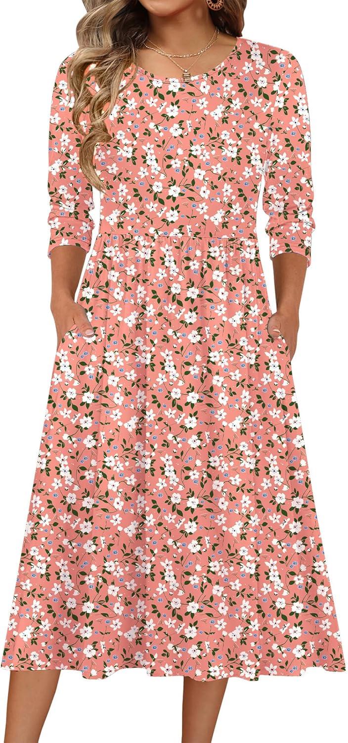 imageZeagoo 34 Sleeve Womens Dress Casual Flowy ALine Midi Tshirt Dresses with Pockets Crewneck Vocation Boho Beach SundressPink Floral