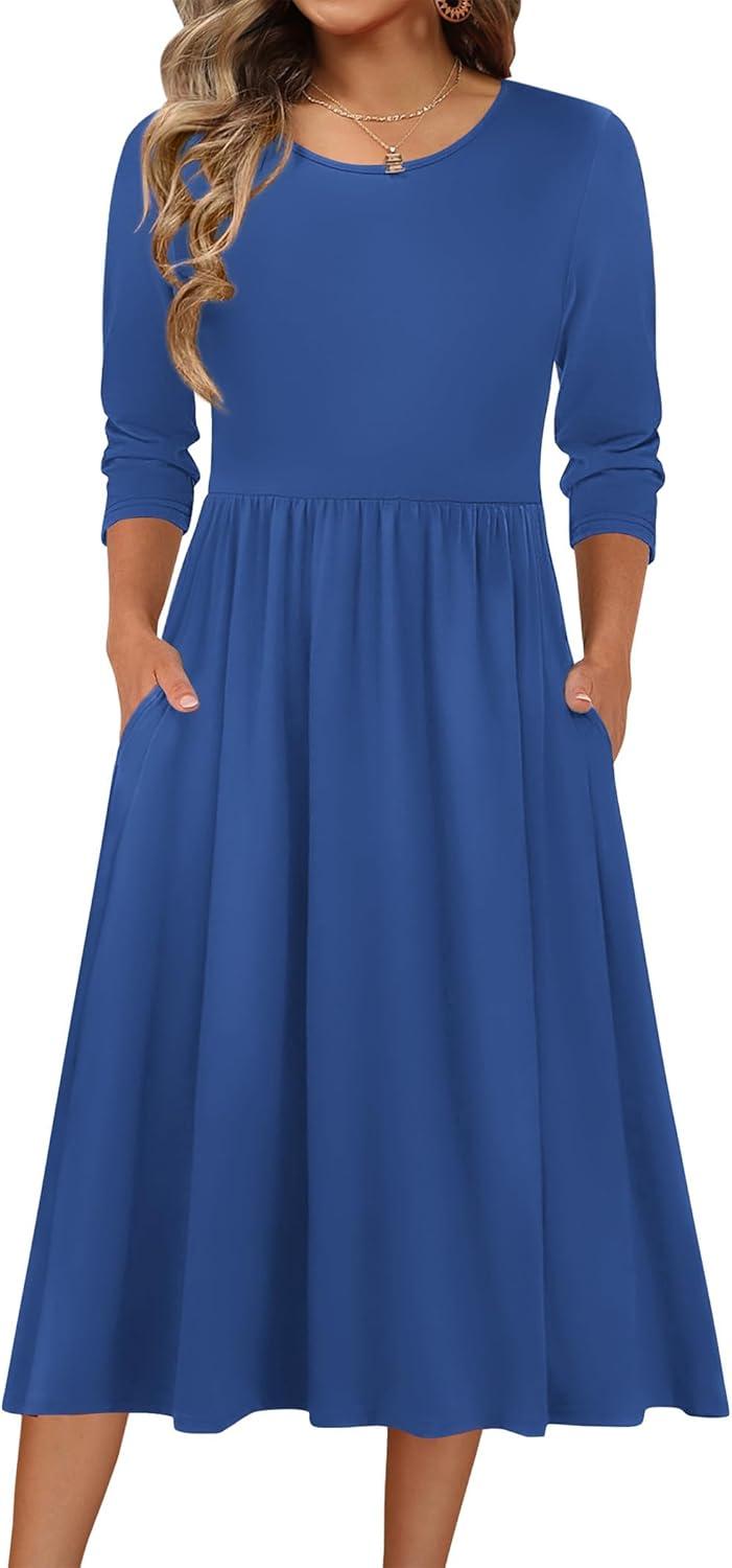 imageZeagoo 34 Sleeve Womens Dress Casual Flowy ALine Midi Tshirt Dresses with Pockets Crewneck Vocation Boho Beach SundressSolid Blue