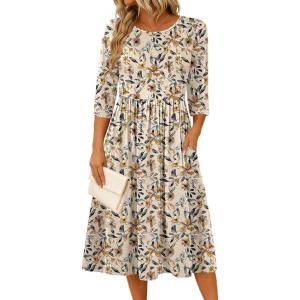 imageZeagoo 34 Sleeve Womens Dress Casual Flowy ALine Midi Tshirt Dresses with Pockets Crewneck Vocation Boho Beach SundressApricot Floral