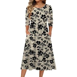 imageZeagoo 34 Sleeve Womens Dress Casual Flowy ALine Midi Tshirt Dresses with Pockets Crewneck Vocation Boho Beach SundressBeige Black Floral