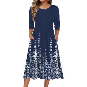imageZeagoo 34 Sleeve Womens Dress Casual Flowy ALine Midi Tshirt Dresses with Pockets Crewneck Vocation Boho Beach SundressBlue Flower