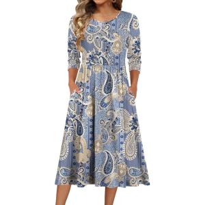 imageZeagoo 34 Sleeve Womens Dress Casual Flowy ALine Midi Tshirt Dresses with Pockets Crewneck Vocation Boho Beach SundressMz919