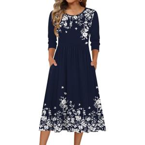 imageZeagoo 34 Sleeve Womens Dress Casual Flowy ALine Midi Tshirt Dresses with Pockets Crewneck Vocation Boho Beach SundressNavy Blue Floral