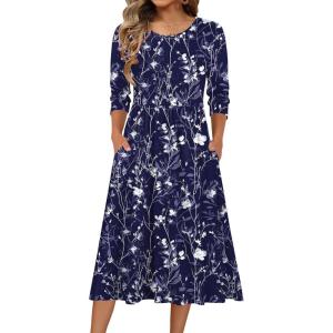 imageZeagoo 34 Sleeve Womens Dress Casual Flowy ALine Midi Tshirt Dresses with Pockets Crewneck Vocation Boho Beach SundressSf180