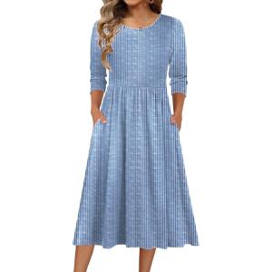 imageZeagoo 34 Sleeve Womens Dress Casual Flowy ALine Midi Tshirt Dresses with Pockets Crewneck Vocation Boho Beach SundressStripe Print