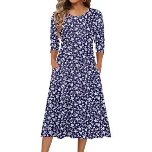 imageZeagoo 34 Sleeve Womens Dress Casual Flowy ALine Midi Tshirt Dresses with Pockets Crewneck Vocation Boho Beach SundressXh445