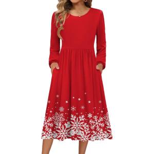 imageZeagoo Long Sleeve Dresses for Women 2025 Fall Winter Casual Flowy ALine Boho Midi Party Long Dress with PocketsChristmas Snow