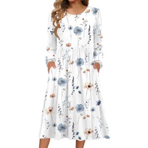 imageZeagoo Long Sleeve Dresses for Women 2025 Fall Winter Casual Flowy ALine Boho Midi Party Long Dress with PocketsWhite Floral