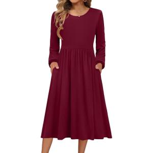 imageZeagoo Long Sleeve Dresses for Women 2025 Fall Winter Casual Flowy ALine Boho Midi Party Long Dress with PocketsWine Red