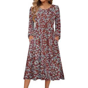 imageZeagoo Long Sleeve Dresses for Women 2025 Fall Winter Casual Flowy ALine Boho Midi Party Long Dress with PocketsWine Red Pattern