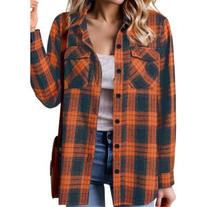 imageZeagoo Womens Button Down Flannel Shirts Long Sleeve Plaid Blouses Lightweight Business Dressy Casual Top with PocketsOrange and Navy Blue