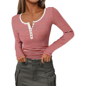 imageZeagoo Womens Long Sleeve Henley T Shirts Button Ribbed Knit Slim Fitted Tee Tops Basic Casual Work Blouse XSXXLBstripe Red White