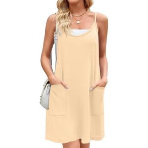 imageZeagoo Women Summer Dresses Casual Beach Vacation Dress Spaghetti Strap Sundress Sleeveless Mini Short Dress with PocketsBeige