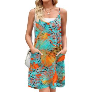 imageZeagoo Women Summer Dresses Casual Beach Vacation Dress Spaghetti Strap Sundress Sleeveless Mini Short Dress with PocketsBlue Orange Printed