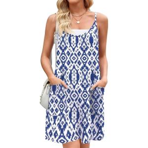 imageZeagoo Women Summer Dresses Casual Beach Vacation Dress Spaghetti Strap Sundress Sleeveless Mini Short Dress with PocketsBlue White Printed