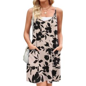 imageZeagoo Women Summer Dresses Casual Beach Vacation Dress Spaghetti Strap Sundress Sleeveless Mini Short Dress with PocketsDusty Pink Printed