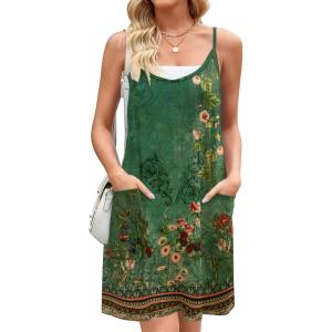 imageZeagoo Women Summer Dresses Casual Beach Vacation Dress Spaghetti Strap Sundress Sleeveless Mini Short Dress with PocketsGreenprint