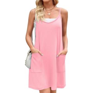 imageZeagoo Women Summer Dresses Casual Beach Vacation Dress Spaghetti Strap Sundress Sleeveless Mini Short Dress with PocketsPink