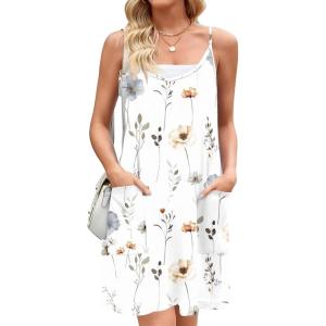 imageZeagoo Women Summer Dresses Casual Beach Vacation Dress Spaghetti Strap Sundress Sleeveless Mini Short Dress with PocketsWhiteprint