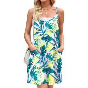 imageZeagoo Women Summer Dresses Casual Beach Vacation Dress Spaghetti Strap Sundress Sleeveless Mini Short Dress with PocketsYellow Green Leaf