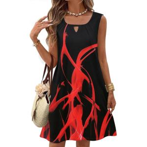 imageZeagoo Womens Casual Summer Dresses 2025 Boho Sleeveless Sundresses with Pockets Pleated Beach Floral T Shirt DressesBlack Redprinted