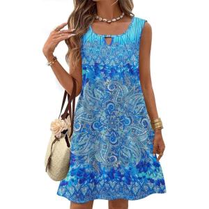 imageZeagoo Womens Casual Summer Dresses 2025 Boho Sleeveless Sundresses with Pockets Pleated Beach Floral T Shirt DressesBluefloral Printed