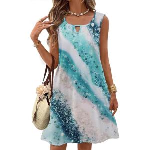 imageZeagoo Womens Casual Summer Dresses 2025 Boho Sleeveless Sundresses with Pockets Pleated Beach Floral T Shirt DressesBlueprinted