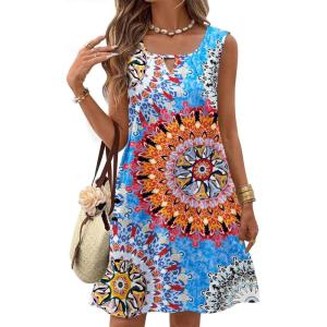 imageZeagoo Womens Casual Summer Dresses 2025 Boho Sleeveless Sundresses with Pockets Pleated Beach Floral T Shirt DressesBlueprinted01