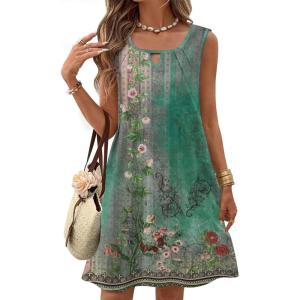 imageZeagoo Womens Casual Summer Dresses 2025 Boho Sleeveless Sundresses with Pockets Pleated Beach Floral T Shirt DressesGreenprinted