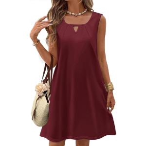 imageZeagoo Womens Casual Summer Dresses 2025 Boho Sleeveless Sundresses with Pockets Pleated Beach Floral T Shirt DressesWine Red