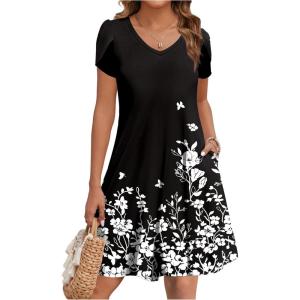 imageZeagoo Womens Summer ALine Dress with Pockets Mini Short Sleeve Dresses Flowy Beach Swing Dress 2025 Vacation TravelBlack Flowers