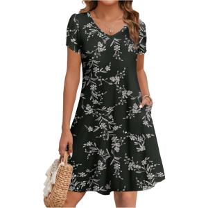 imageZeagoo Womens Summer ALine Dress with Pockets Mini Short Sleeve Dresses Flowy Beach Swing Dress 2025 Vacation TravelBlack Print