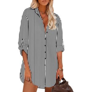 imageHOTOUCH Women Boyfriend Shirts Button Down Long Sleeve Blouse Cuffed Sleeve Collared ShirtBlack White Stripe