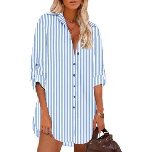 imageHOTOUCH Women Boyfriend Shirts Button Down Long Sleeve Blouse Cuffed Sleeve Collared ShirtBlue White Stripe
