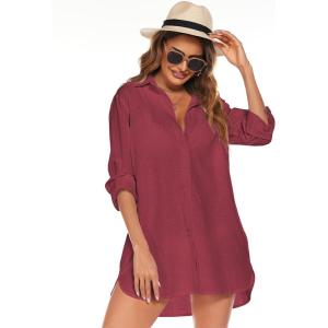 imageHOTOUCH Women Boyfriend Shirts Button Down Long Sleeve Blouse Cuffed Sleeve Collared ShirtBurgundy