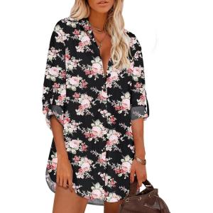 imageHOTOUCH Women Boyfriend Shirts Button Down Long Sleeve Blouse Cuffed Sleeve Collared ShirtFloral Black