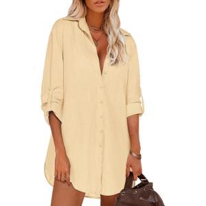 imageHOTOUCH Women Boyfriend Shirts Button Down Long Sleeve Blouse Cuffed Sleeve Collared ShirtKhaki