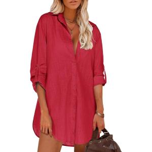 imageHOTOUCH Women Boyfriend Shirts Button Down Long Sleeve Blouse Cuffed Sleeve Collared ShirtRed