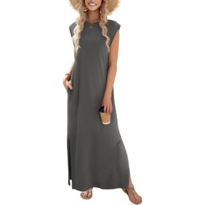 imageZeagoo Maxi Dresses for Women 2025 Summer Casual Sleeveless Floral Sundress Long Split Dresses with Pockets Beach VacationDark Gray