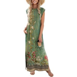 imageZeagoo Maxi Dresses for Women 2025 Summer Casual Sleeveless Floral Sundress Long Split Dresses with Pockets Beach VacationGreen Ethnic Pattern
