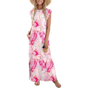 imageZeagoo Maxi Dresses for Women 2025 Summer Casual Sleeveless Floral Sundress Long Split Dresses with Pockets Beach VacationPink Marble Pattern