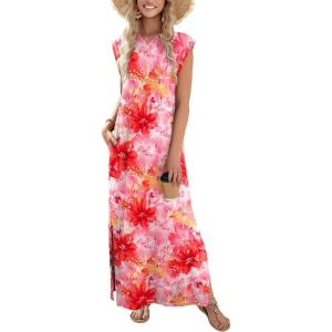 imageZeagoo Maxi Dresses for Women 2025 Summer Casual Sleeveless Floral Sundress Long Split Dresses with Pockets Beach VacationRed Flowers