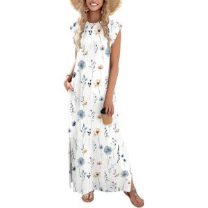 imageZeagoo Maxi Dresses for Women 2025 Summer Casual Sleeveless Floral Sundress Long Split Dresses with Pockets Beach VacationWhite Flowers