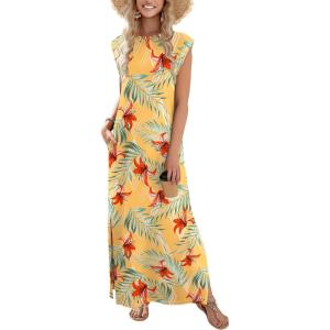 imageZeagoo Maxi Dresses for Women 2025 Summer Casual Sleeveless Floral Sundress Long Split Dresses with Pockets Beach VacationYellow Palm Leaf