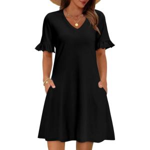 imageZeagoo Summer Casual Dresses for Women A Line Sun Dress Ruffle Short Sleeve V Neck Floral Tshirt Dress with PocketsBlack